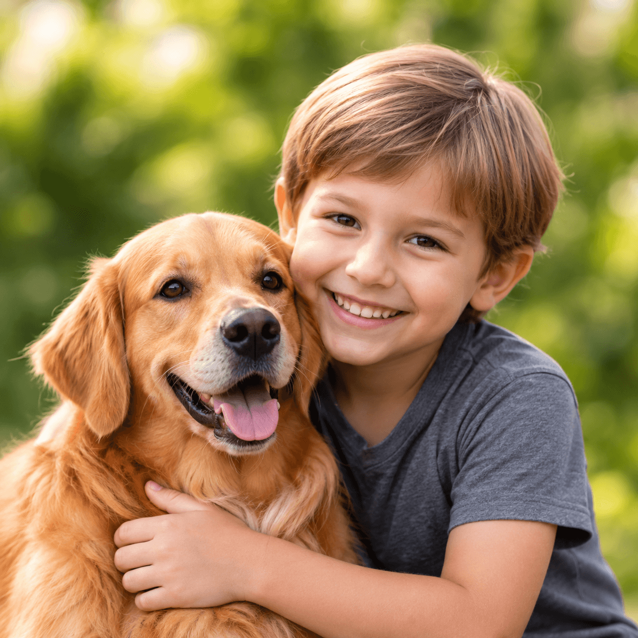 A boy hugging his golden retriever