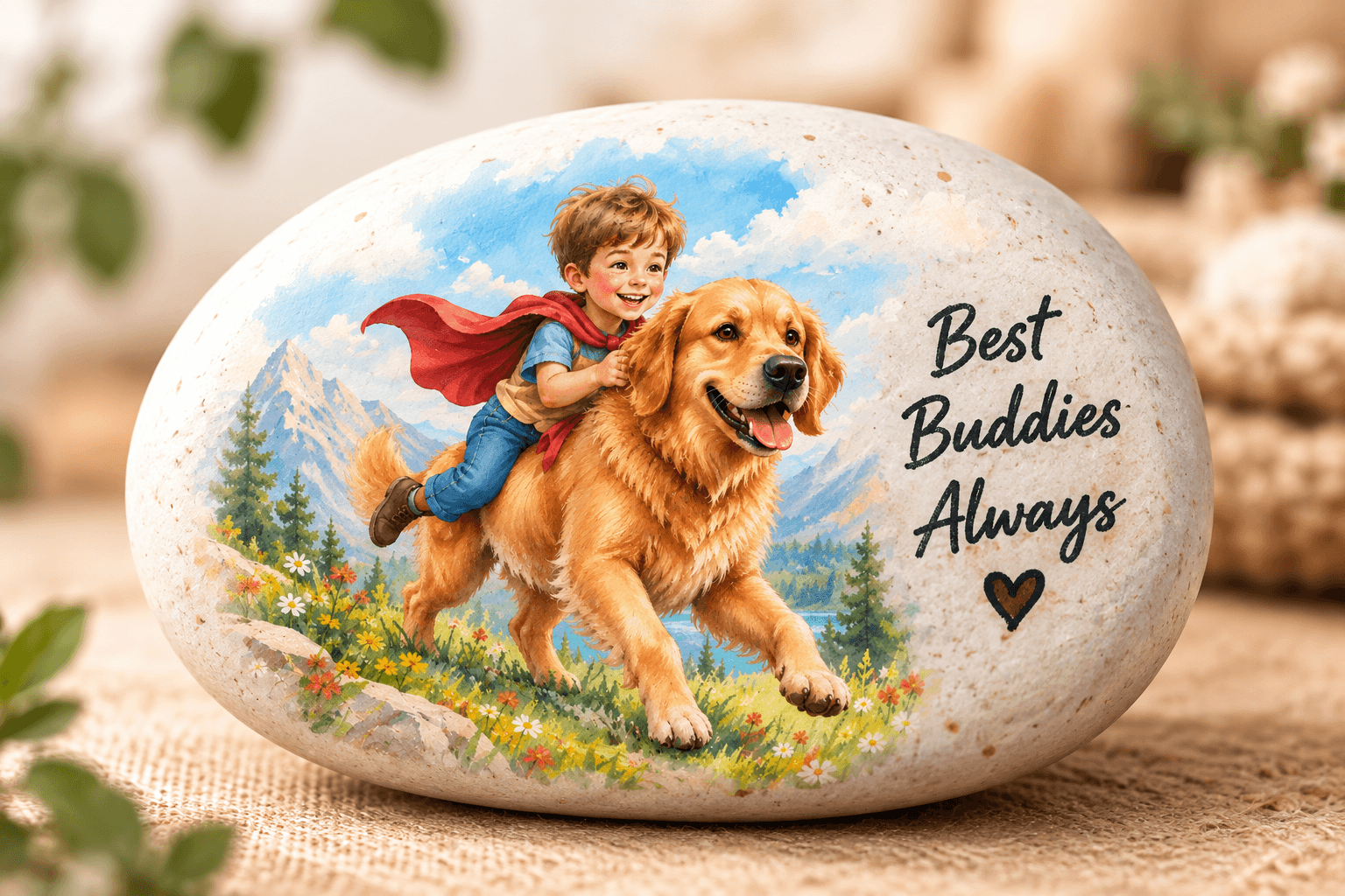 The red-caped boy and golden retriever adventure printed on a pebble