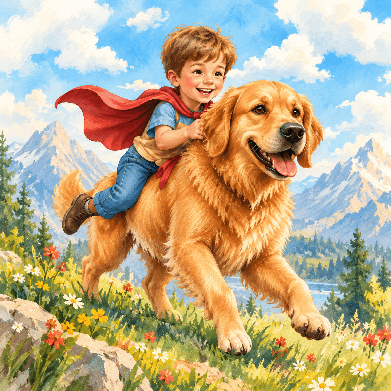 The same boy in a red cape riding his golden retriever on an imagined adventure